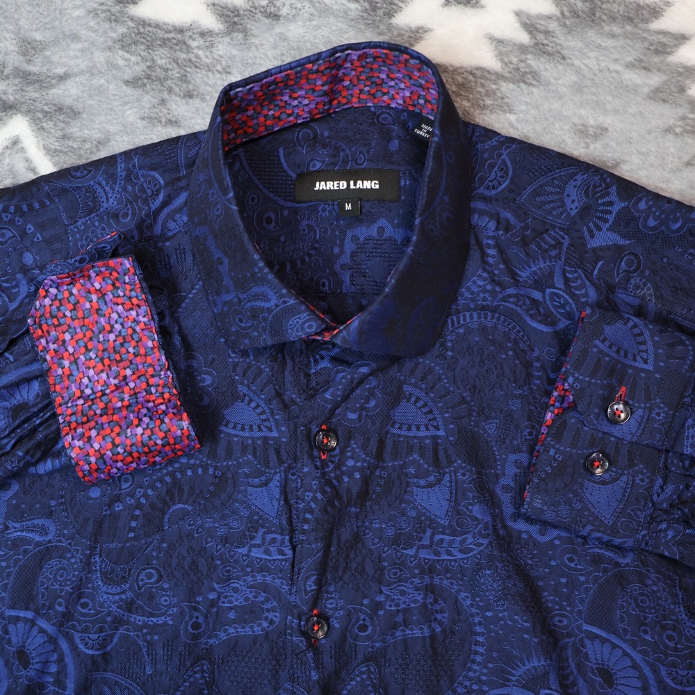 Jared Lang Mens Navy Paisley Jacquard Button Down Shirt M Blue Contrast Trim